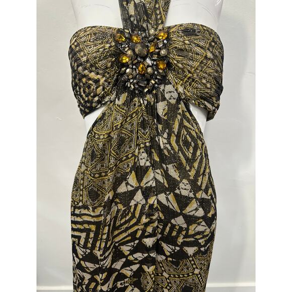 BCBGMAXAZRIA Silk Blend Printed Rhinestone Accent Halter Maxi Dress Green Size 0 - Picture 4 of 8